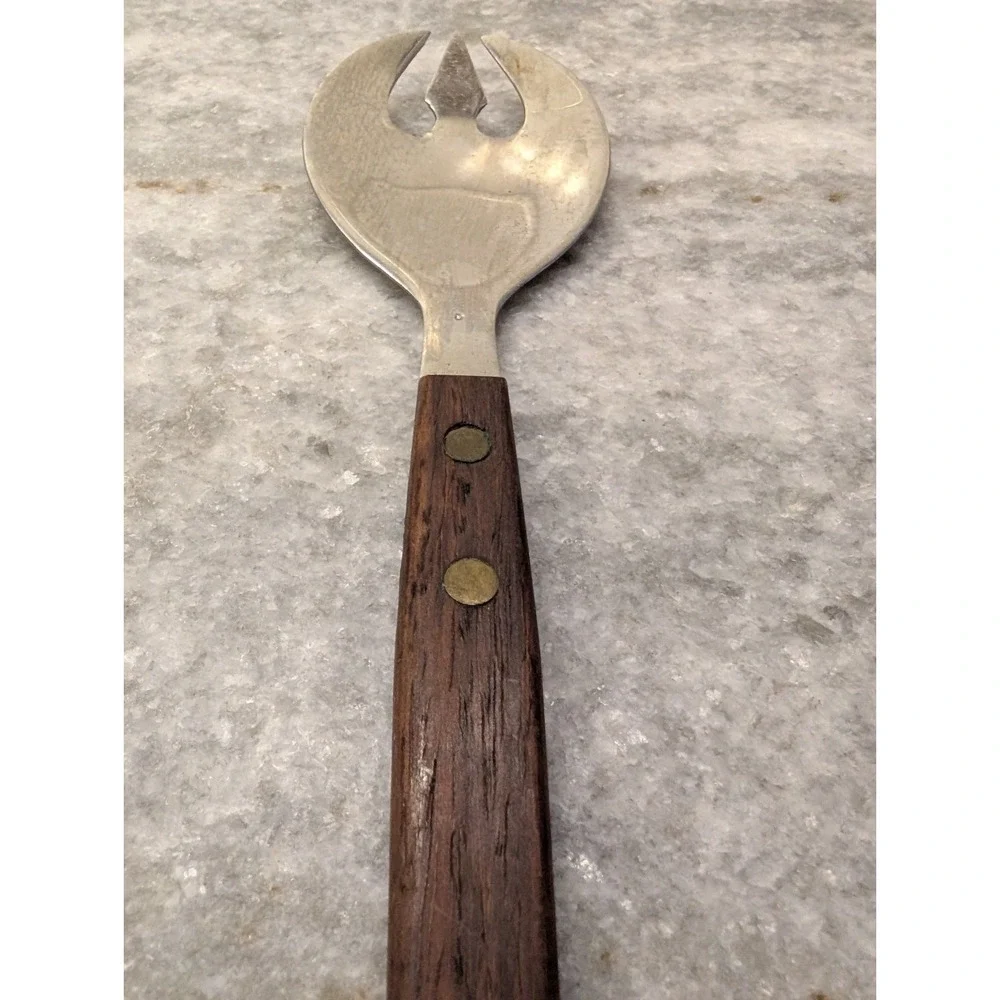 1 x Vintage MCM Teak SALAD SERVING Wood Handle Fork Japan Stainless‎ Steel